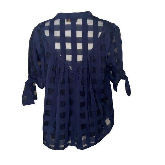 Current Air Anthropologie Blouse SP Short Sleeve Button Up Plaid Sheer Bows - Picture 9 of 16